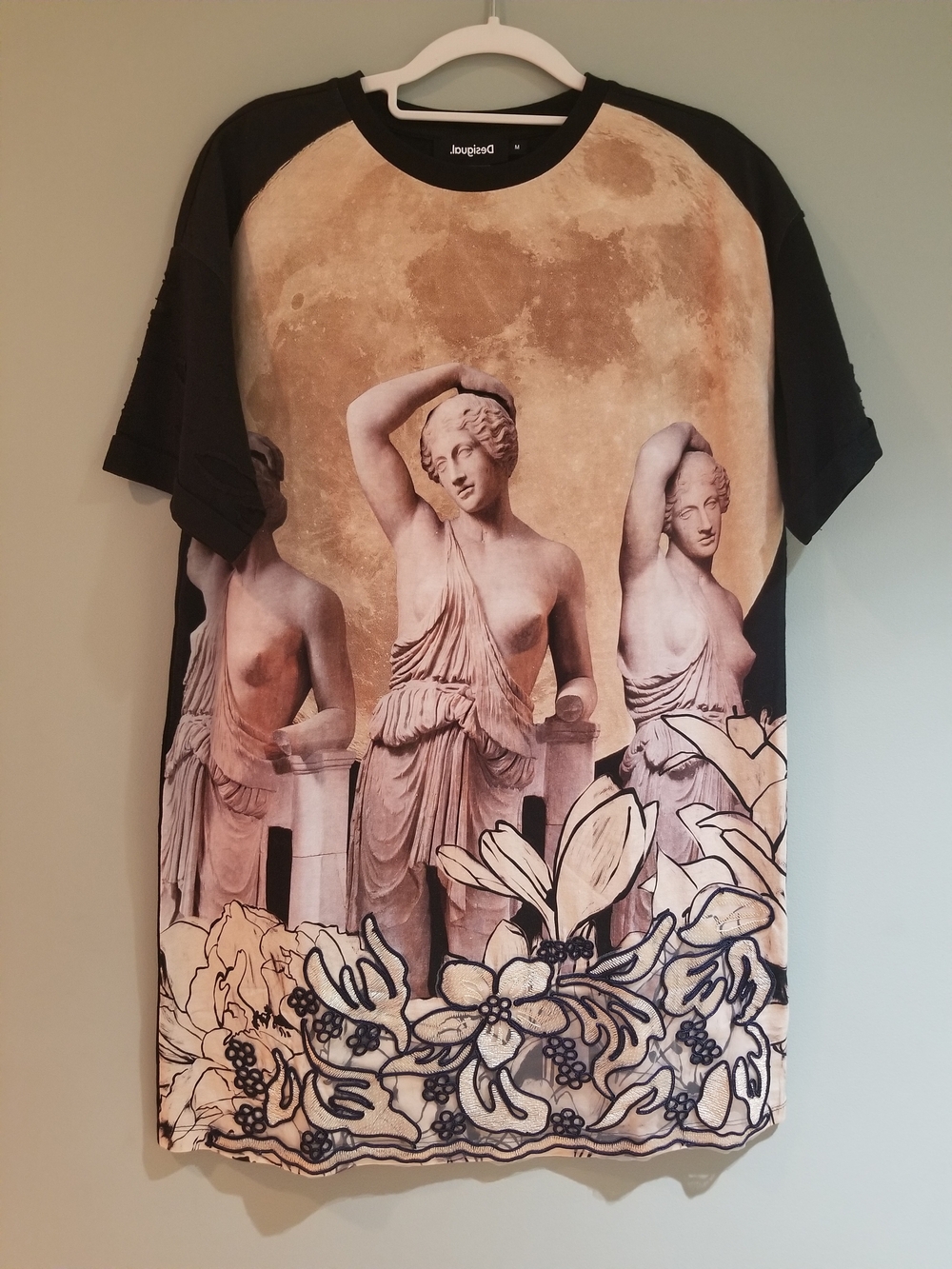 Desigual Mini Dress in Beige and Black with Statue and Floral Motif